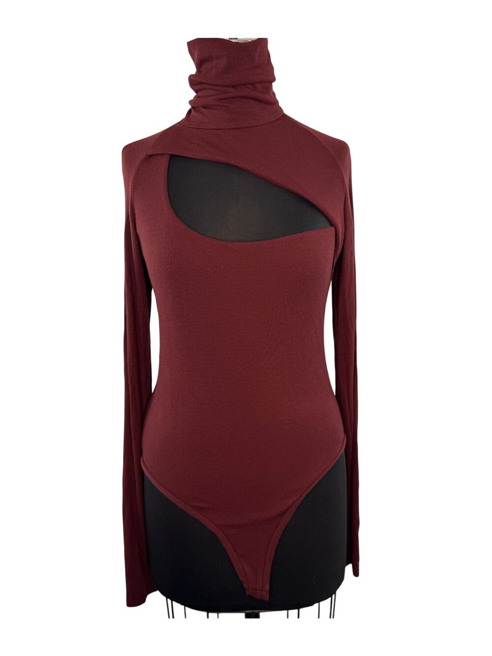 Alix NYC Carder Burgundy Bodysuit Stretch Ribbed Knit Turtleneck Size Large L